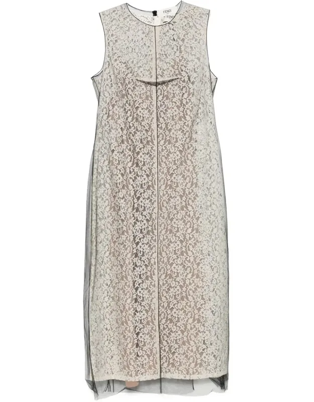 Fendi Lace Dress With Center Back Slit And Tulle Layer