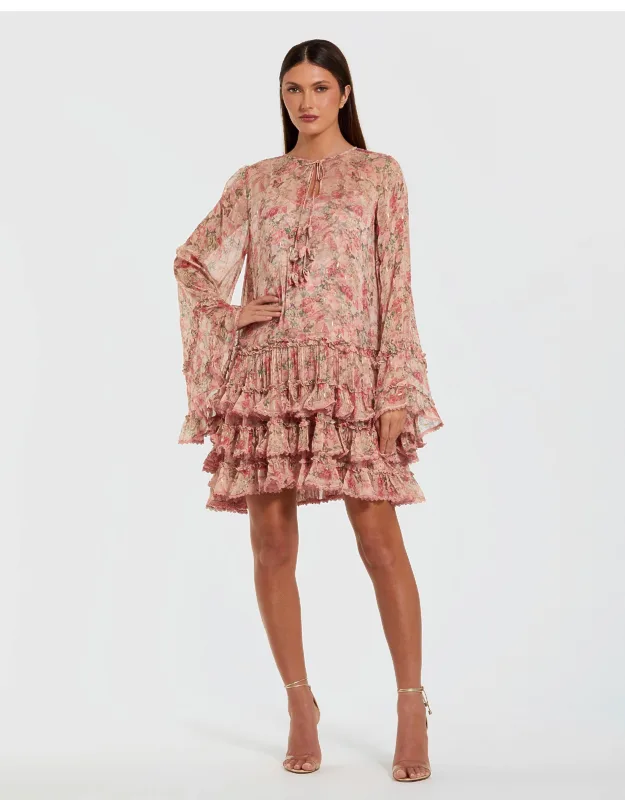 Flare Long Sleeve Ruffle Viscose Wedding Guest Mini Dress