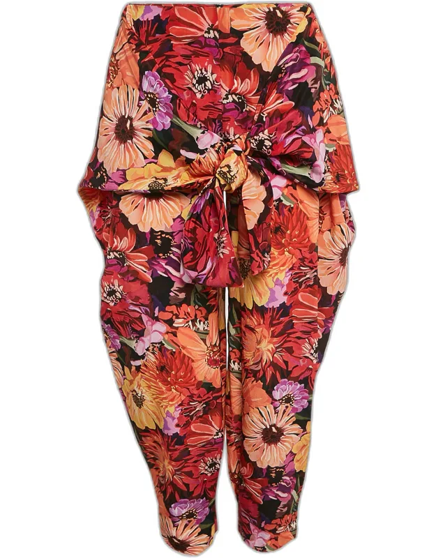 Tie-up Trousers With Botanical Print And Flowing Silk Construction