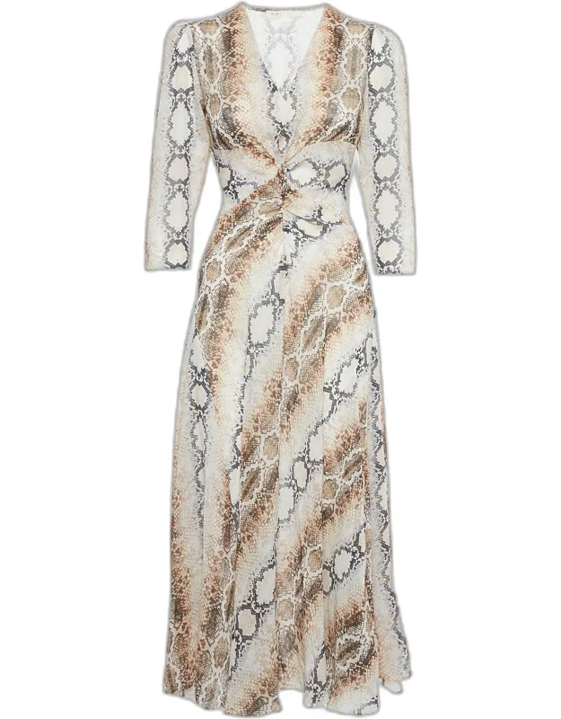 Multicolor Snake Print Crepe V-neck Long Dress