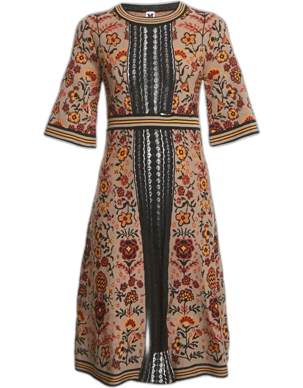 Floral Pattern Knit Lace Trim Midi Dress