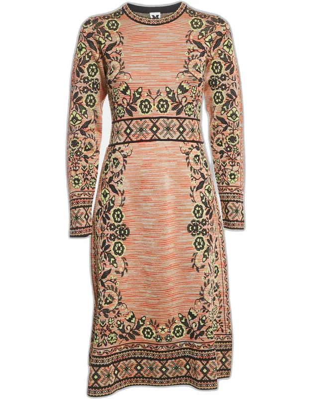 _midi Dress With Floral Knit Design And Slim Fit_