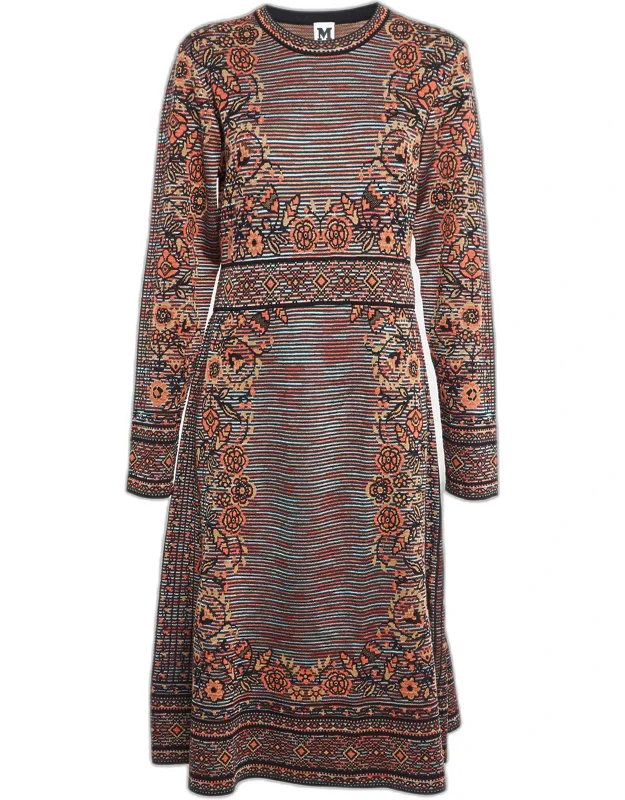 Patterned Knit Long Sleeve Midi Dress