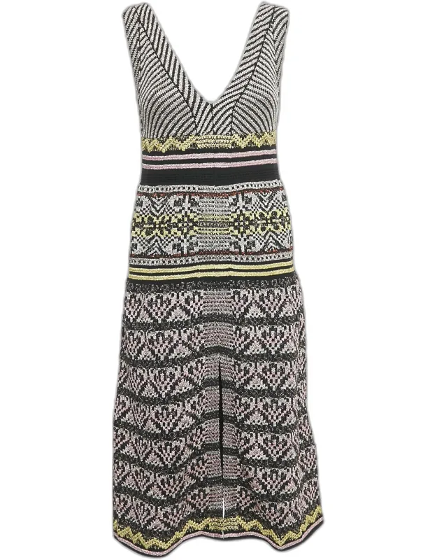 Multicolor Patterned Lurex Knit V-neck Sleeveless Dress