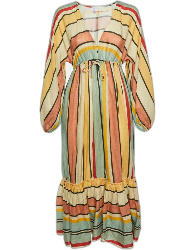 Multicolor Striped Linen Tiered Maxi Dress