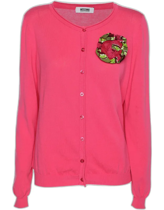 Cotton Knit Floral Applique Front Button Sweater