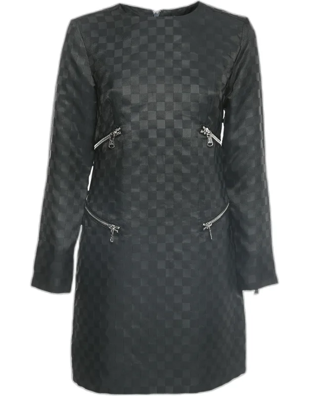 Checkered Gabardine Zip Detail Mini Dress