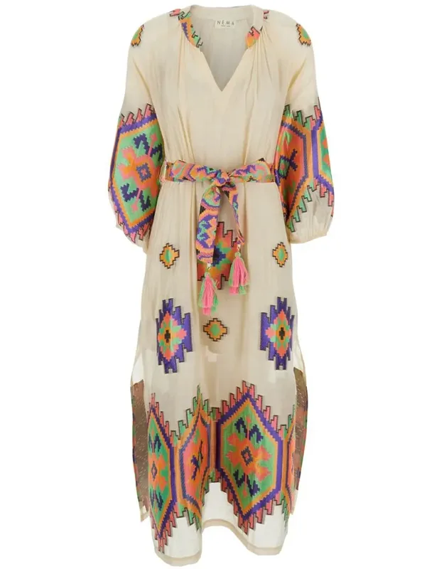Dress With V-neck And All-over Geometric Motifs In Viscose Blend