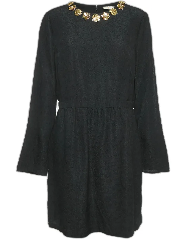 Floral Embossed Silk Blend Embellished Short Dress