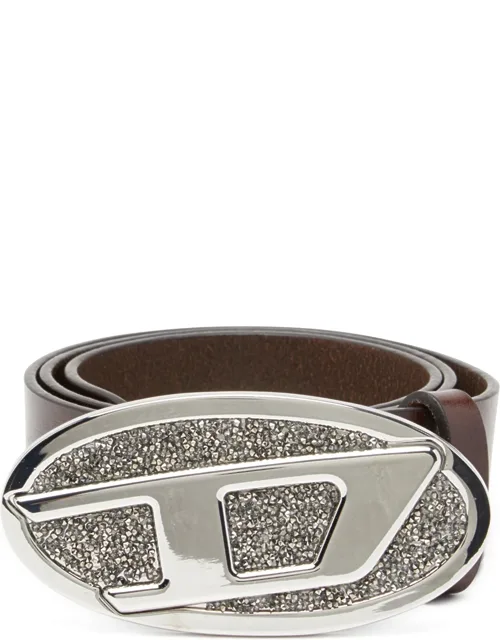 4cm Leather Belt With Rhinestone Oval D Buckle