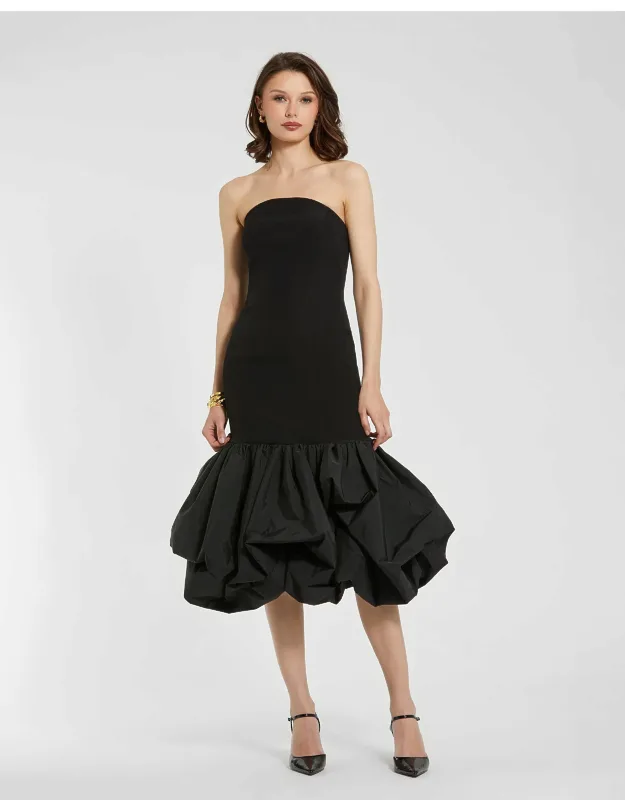 Crepe Strapless Wedding Guest Midi Dress With Taffeta Bubble Hem