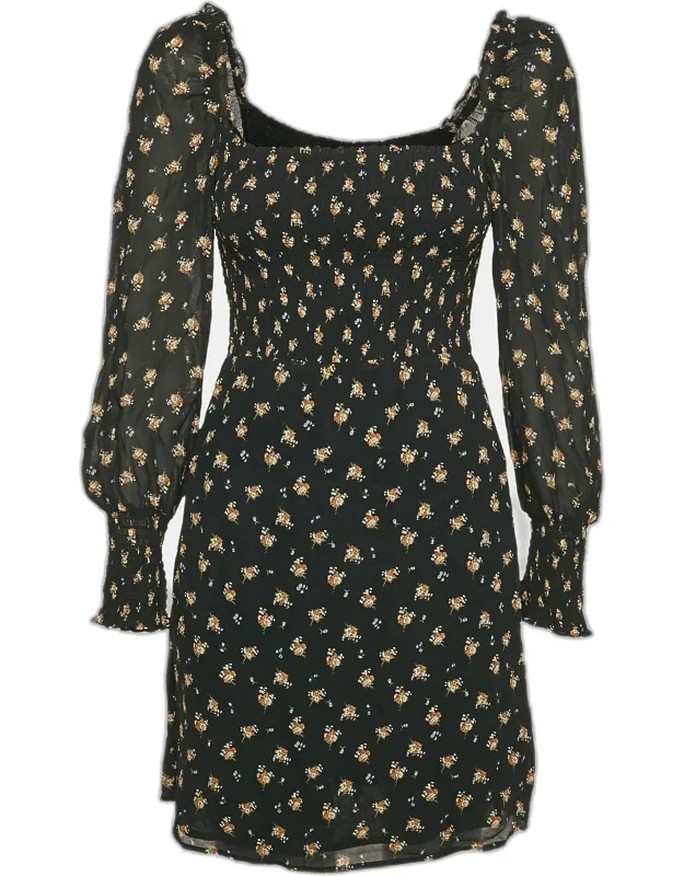 Floral Print Crepe Smocking Detail Mini Dress