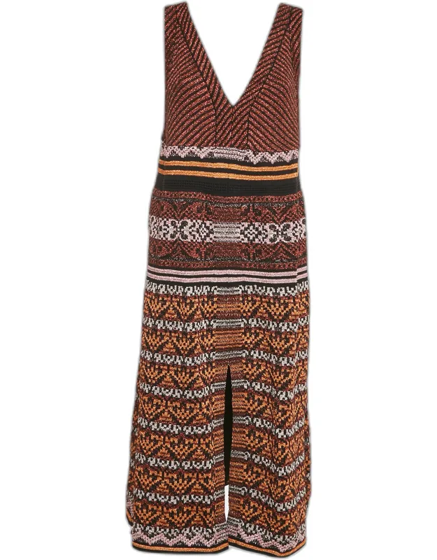 Metallic Patterned Lurex Knit V-neck Sleeveless Midi Dress, Shimmering Cut