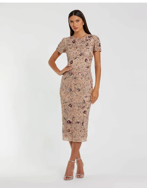 Floral Embellished Mesh Short Sleeve Midi Dress