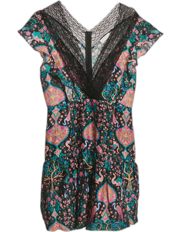 Multicolor Printed Ruffled Lace Trim Detail Mini Dress