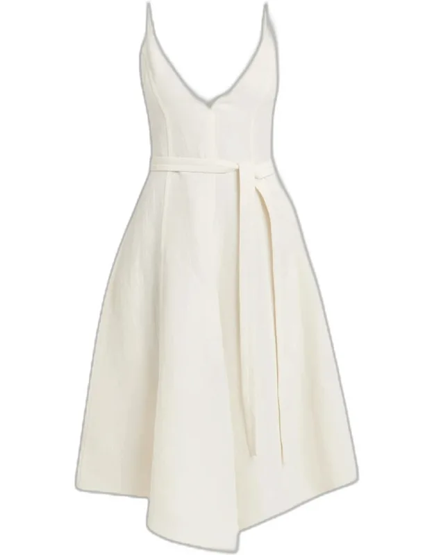 Plunging Belted Linen-blend Midi Dress