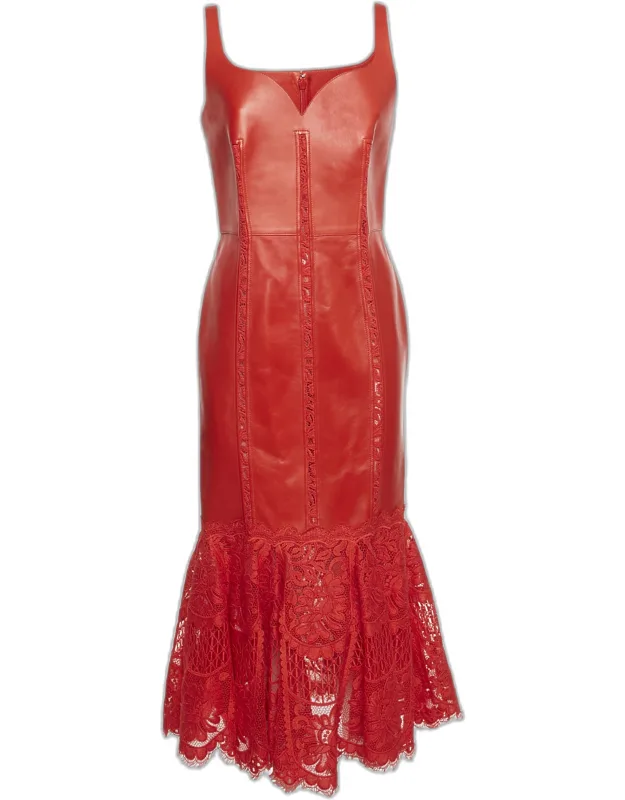 Leather And Lace Peplum Midi Dress