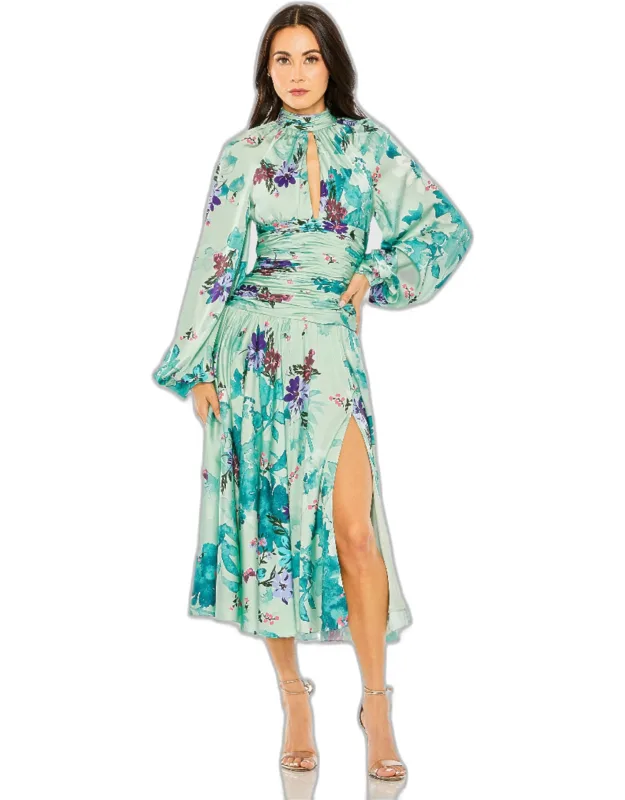 Keyhole Satin Long Sleeve Floral Dress
