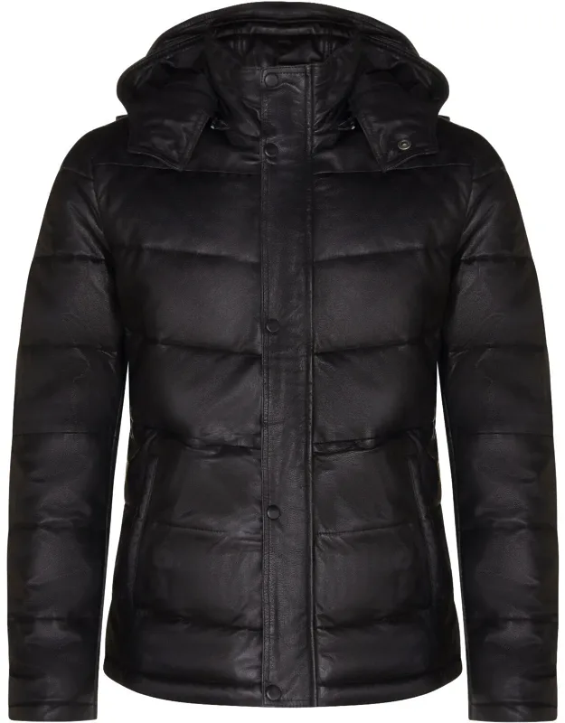 Puffer Leather Bomber Jacket-alicante With Detachable Hood And Ykk Zippers