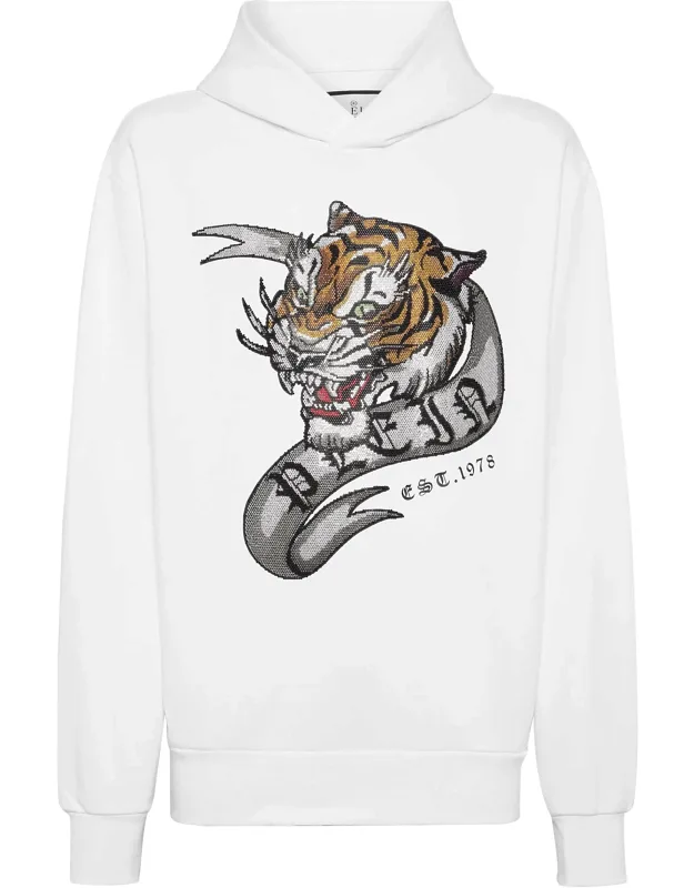 Hoodie Sweatshirt Crystal Tattoo With Multicolor Rhinestoned Tiger And Soft Cotton Blend Fleece