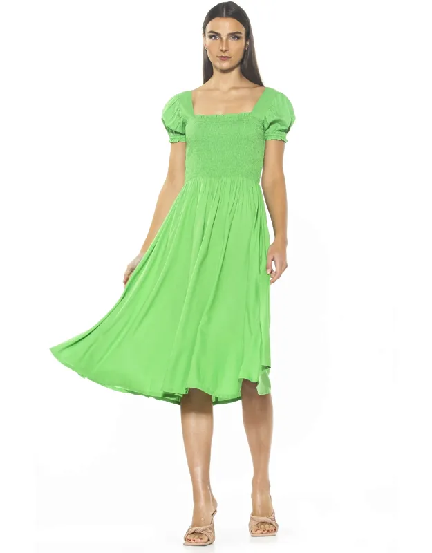 Ali Midi Dress With Smocked Bodice And Puff Sleeves