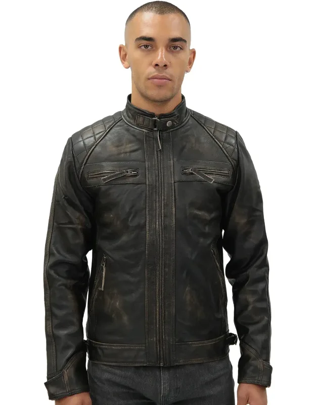 Vintage Leather Quilted Biker Jacket With Adjustable Waist And Zip Pockets
