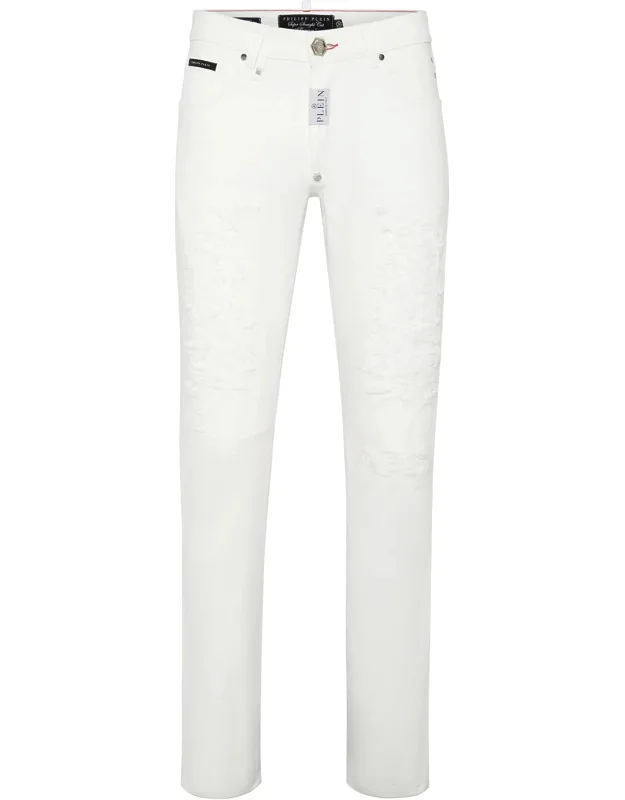 Denim Trousers Super Straight Cut Stone Washed Denim Rips And Mendings