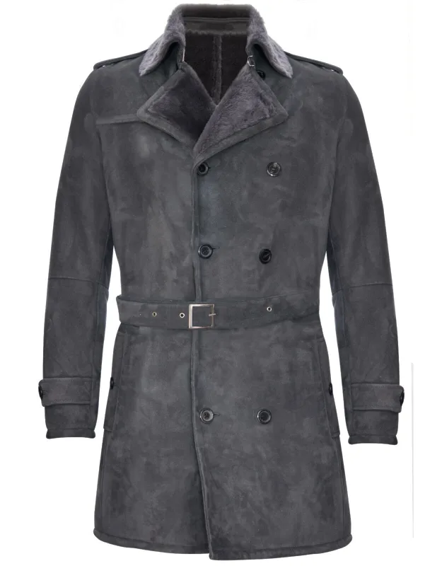 Shearling Sheepskin Suede Pea Coat-cali With Buckled Waist Belt And Double Breasted Closure