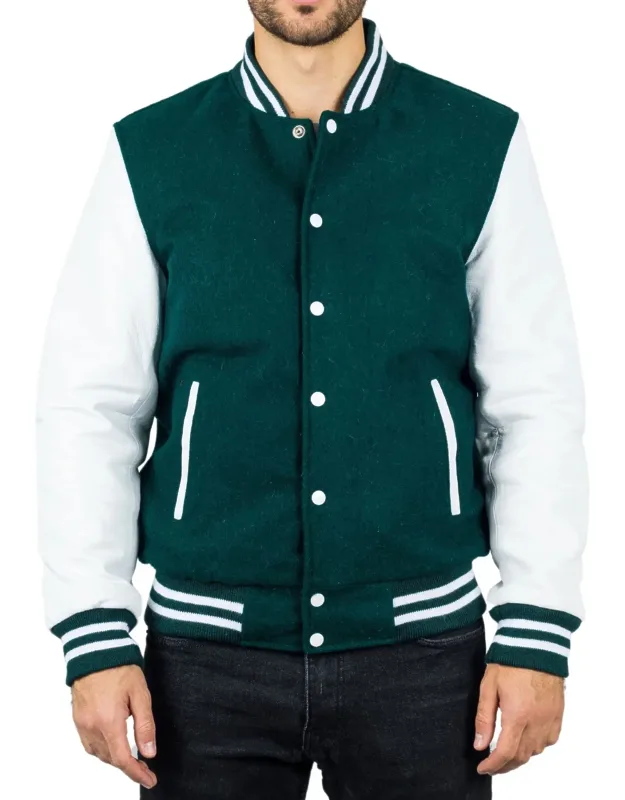 Varsity Bomber Jacket With Wool Body And Leather Sleeves