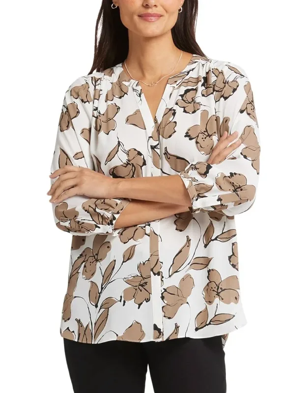 Pintuck Blouse With Billowy Sleeves And Elegant Split Neckline