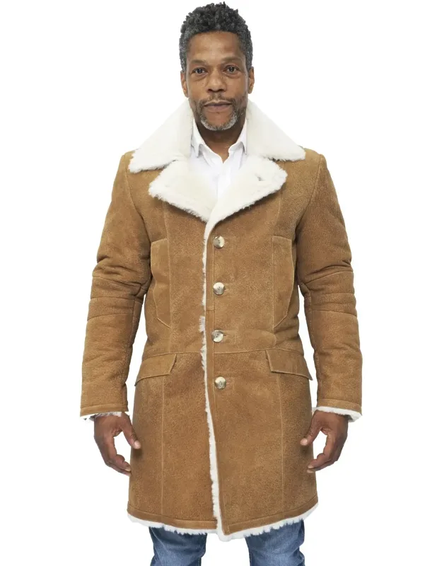 Warm Sheepskin Trench Coat-lewes With Thick Woollen Fleece Lining And Rear Vent