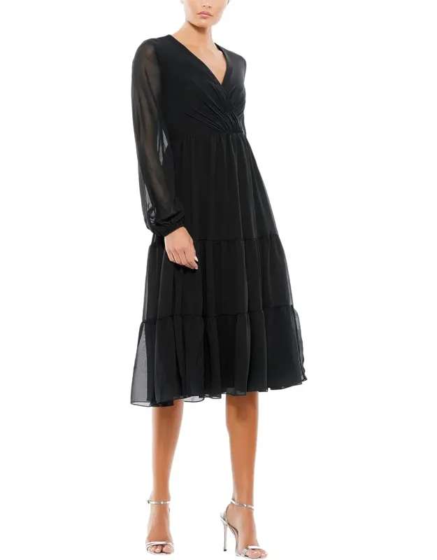 A-line Dress With V Neck And Tiered Ruffle Skirt
