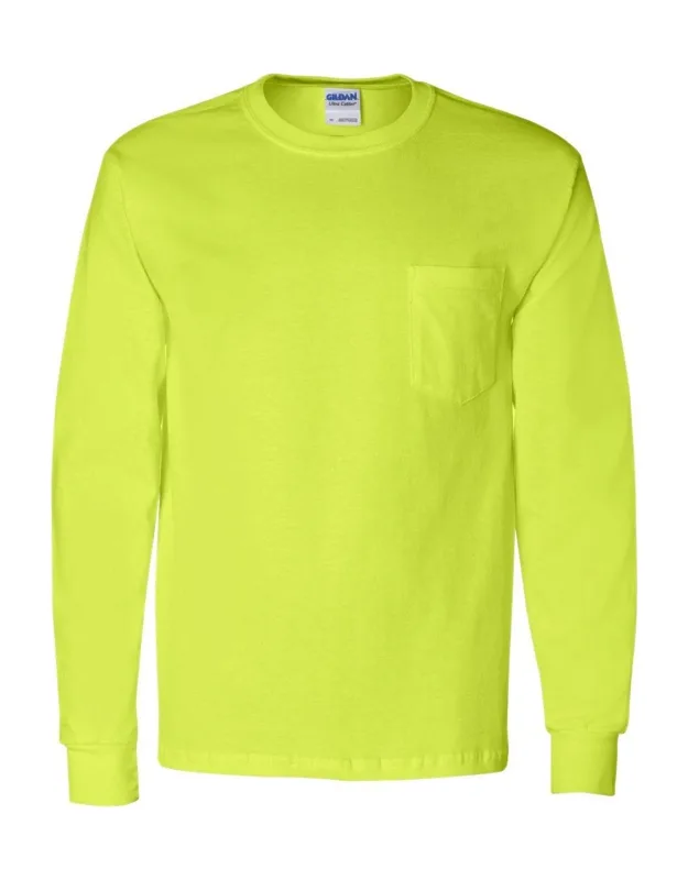 Gildan Ultra Cotton Long Sleeve Pocket T-shirt, Heavyweight Fabric, Left Chest Pocket