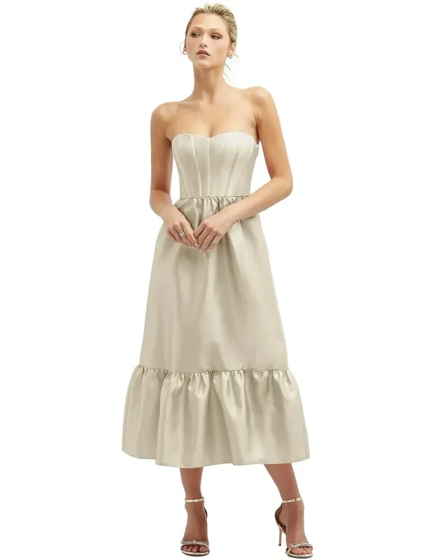 Strapless Satin Midi Dress With Lace-up Back & Ruffle Hem