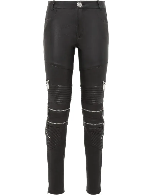 Leather Trousers Long With Quilted Inserts And Zips
