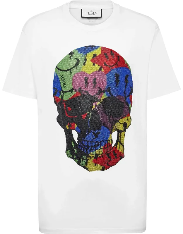 T-shirt Round Neck Ss With Rhinestone-printed Multicolor Skull And Gothic-style On The Back