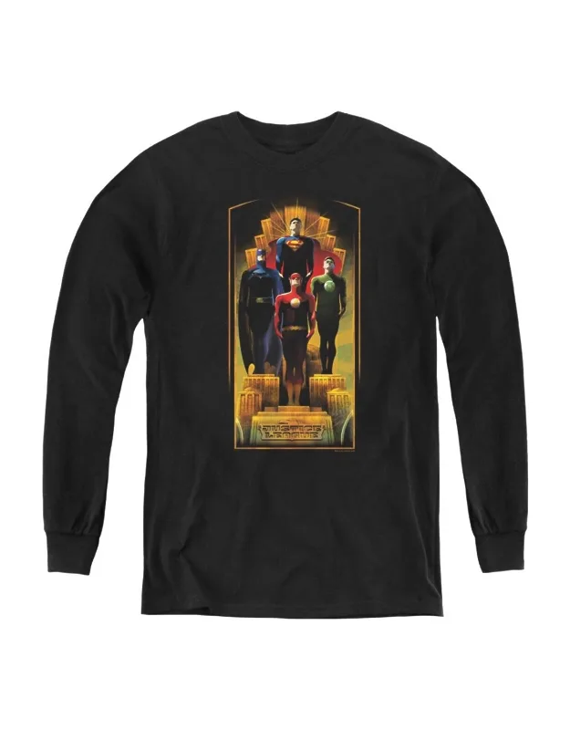 Justice League Of America Deco Youth Long Sleeve Tee - Stylish For Everyday Wear, 100% Cotton