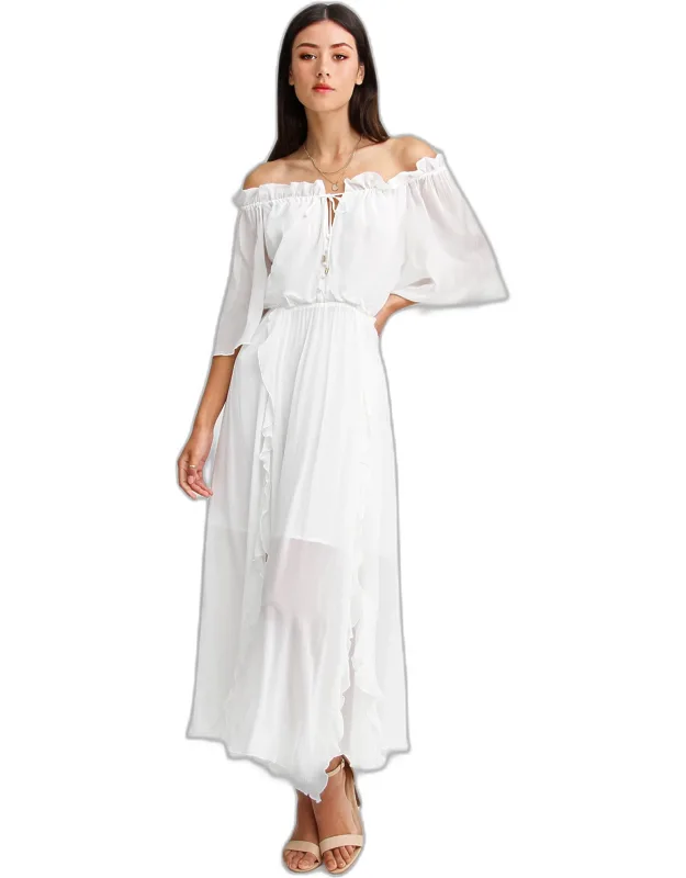 Amour Amour Ruffled Midi Dress With Elbow Length Sleeves And Ruffled Neckline
