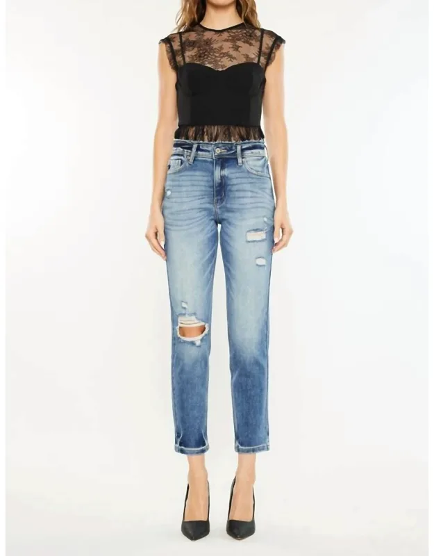 High Rise Mom Fit Relaxed Thigh Skinny Jeans In Distressed Denim