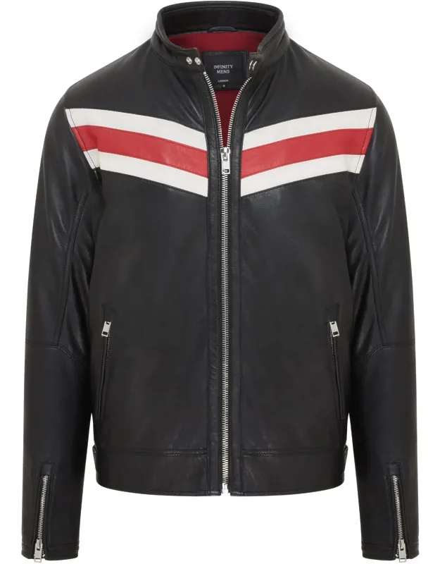 Caf Racer Biker Leather Jacket - Aniak Crafted From Luxurious Lamb Soft Nappa Leather, Features Bold Stripes
