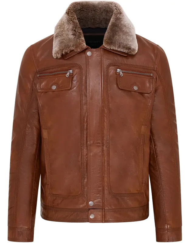 Trucker Shirt Leather Jacket - Tornio With Pointed Sheepskin Collar And Flap Pockets