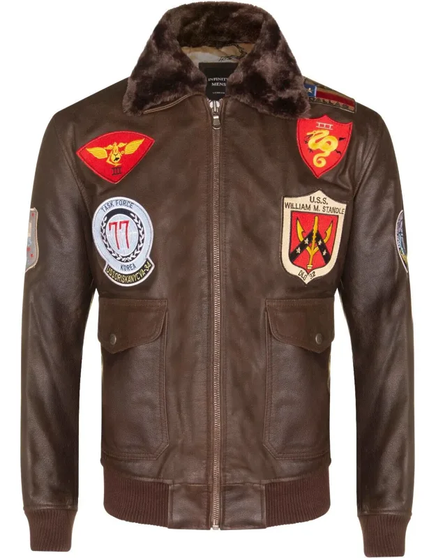 Aviator Bomber Jacket - Warsaw With Embroidered Badges And Removable Fur Collar