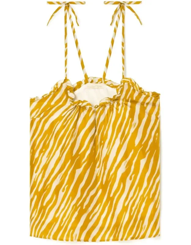 Legra Top In Brush Stripe With Ruffled Neckline And Adjustable Straps