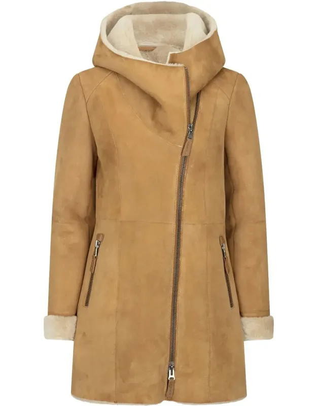 Sheepskin Toscana Suede Hood Coat With Zip & Side Pockets