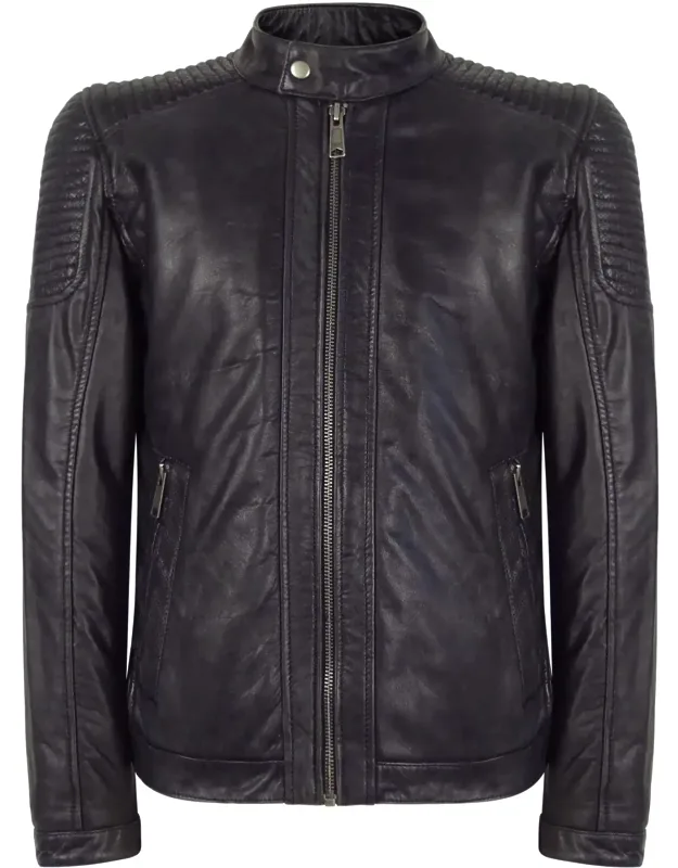 Slim Washed Leather Jacket Nehru Grandad Collar