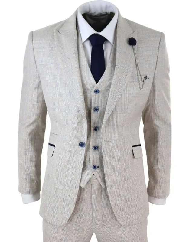 3 Piece Cream Check Tweed Herringbone Vintage Classic Suit