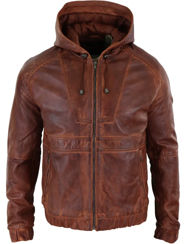 Leather Hood Bomber Jacket - Super Soft Sheep Leather, Zipped Style With Pull String Hood Design