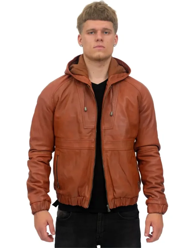 Casual Leather Hooded Bomber Jacket