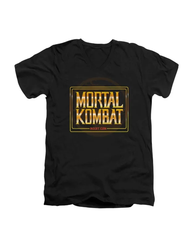 Mortal Kombat Klassic Insert Coin Short Sleeve V Neck Premium Cotton Tee - 100% Pre-shrunk Cotton