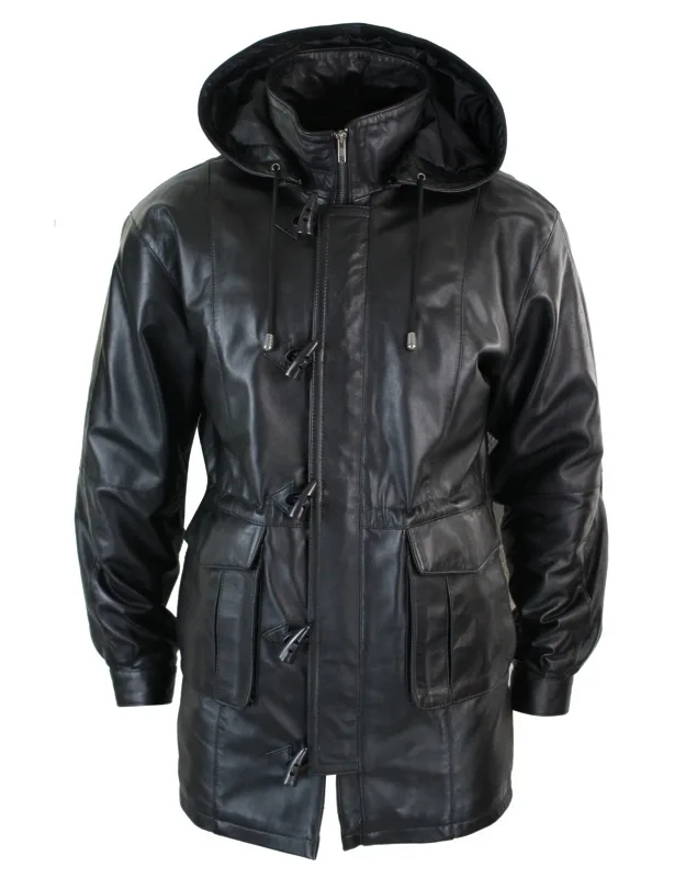 Long Leather Duffle Safari Coat With Detachable Hood